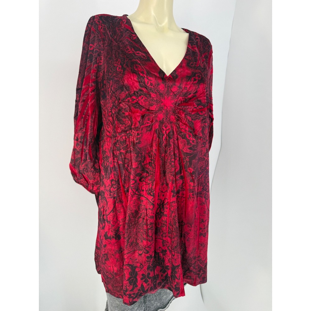 VTG Y2K Burnout Velvet Damask Top Red Black Flare Bell Sleeve Whimsigoth 2X